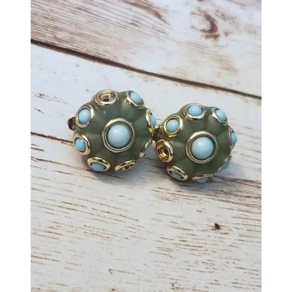 Vintage Clip On Earrings Dainty Green & Turquoise Tones - Some Stones Missing
